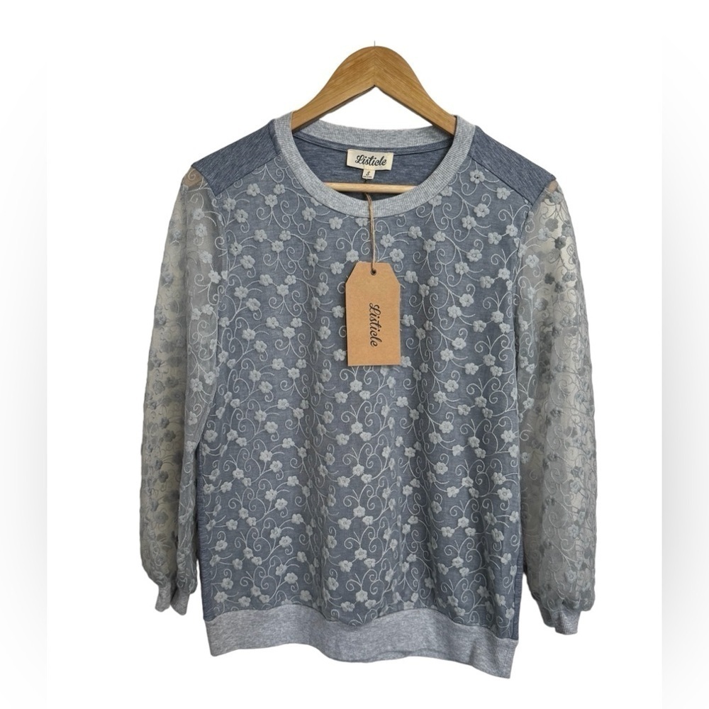 Listicle Crewneck Top with Sheer Sleeves -Size S -Blue Grey